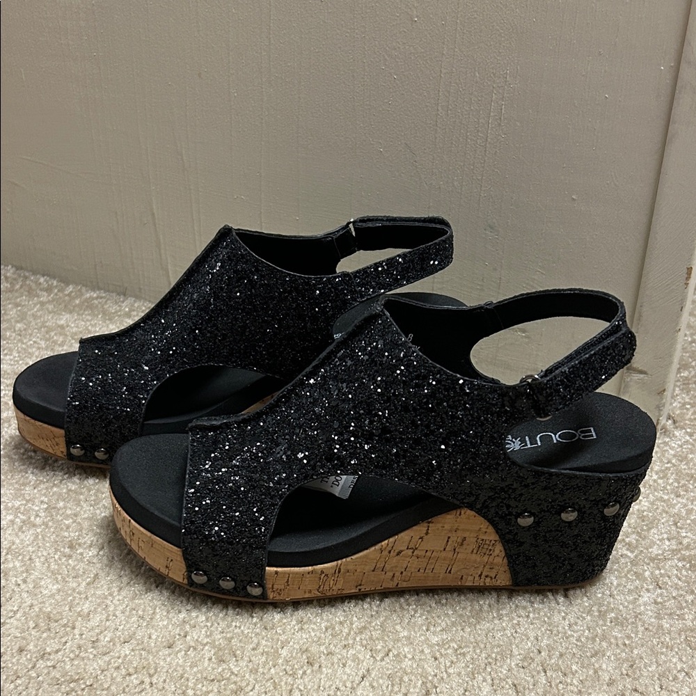 Boutique by Corkys Black Glitter Wedge Sandals
